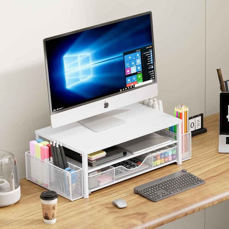 OPNICE Desk Organizers and Accessories, 2-Tier Computer Monitor Stand Riser with Drawer and 2 Pen Holders, Laptop Stand, Office Desk Accessories for Office Supplies, White - Image 5